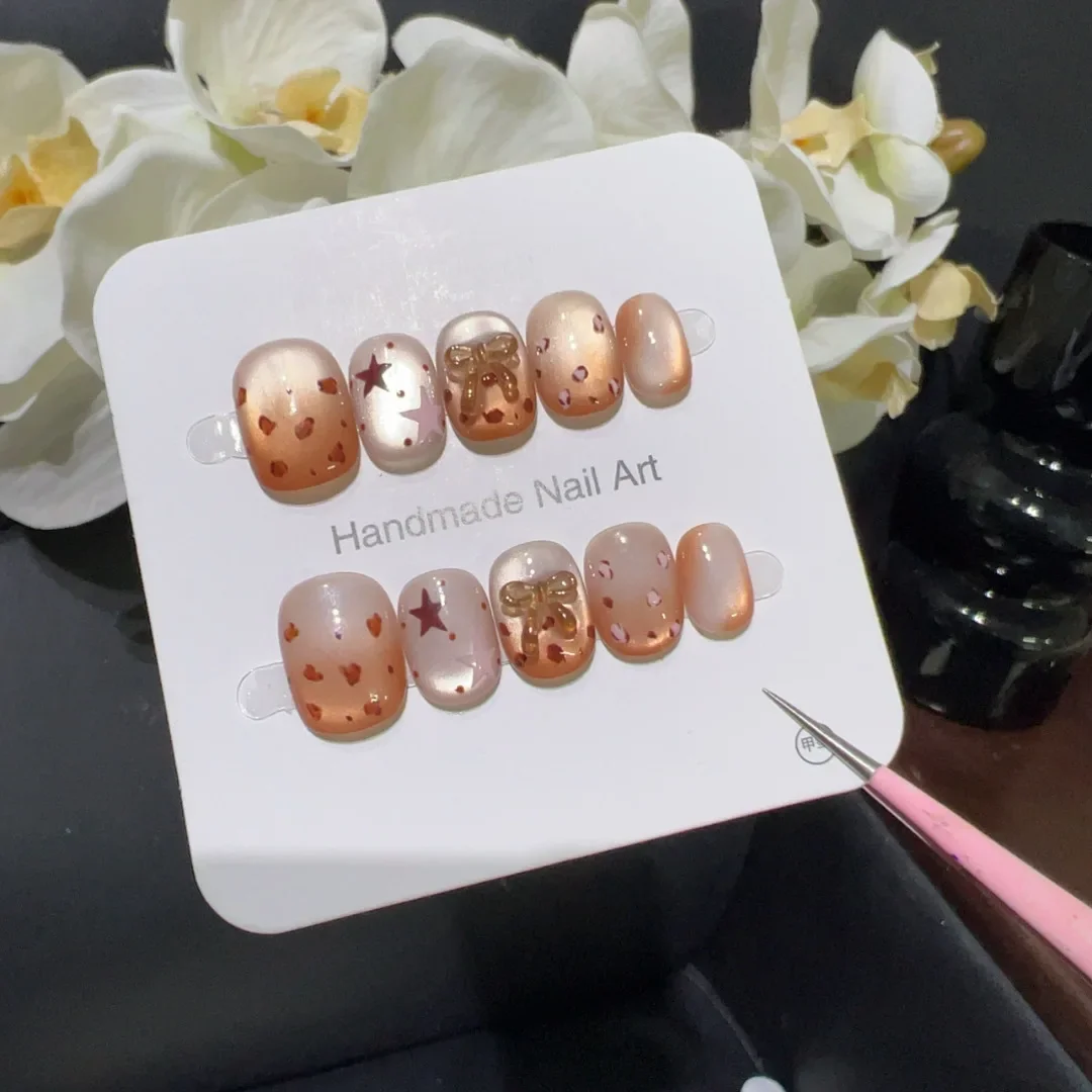 

10pcs Heart-Shaped Dots Handmade Press on Nails Sweet Orange Star Butterfly Nail Art False Nail for Women&Girl Bow Fake Nail
