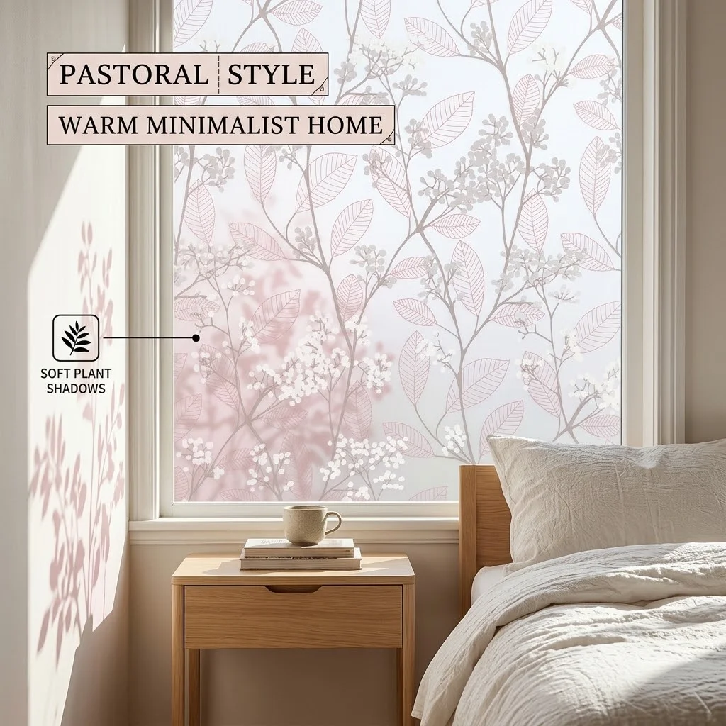 Frosted Floral Leaf Self-Adhesive Window Film Privacy Protection Glass Sticker Removable PVC Decal for Bedroom