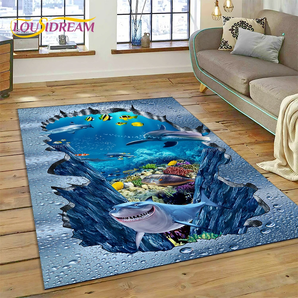 3D Illusion Underwater World Seabed Shark Dolphin Cartoon Carpet Rug for Bedroom Living Room Sofa Decoration,Kid Decor Floor Mat