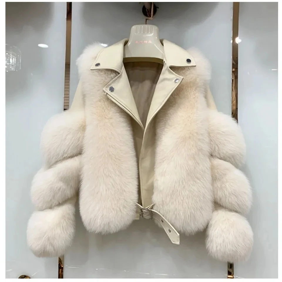 Black New imitation fox fur grass Jacket For women Motorcycle Short Slimming Fur Coat Female Winter Warm Thick Zipper Jackets