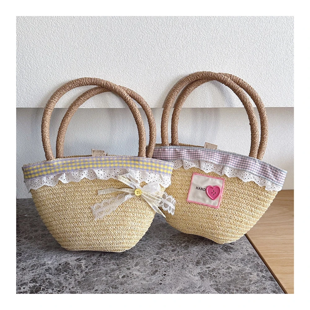 MILANCEL New Summer Kids Straw Bag Sweet Lace Bow Girls Handbag Beach Vacation Children Coin Purse Shell-shaped Bag