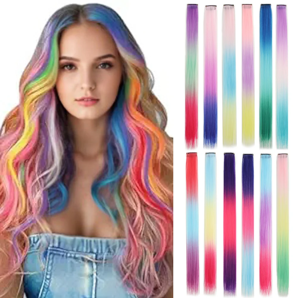 

10 Pcs Colored Hair Extensions Omber 3 colors Colorful Clip in Hair Extensions 18 inch Synthetic Straight Hair for Kids Gir