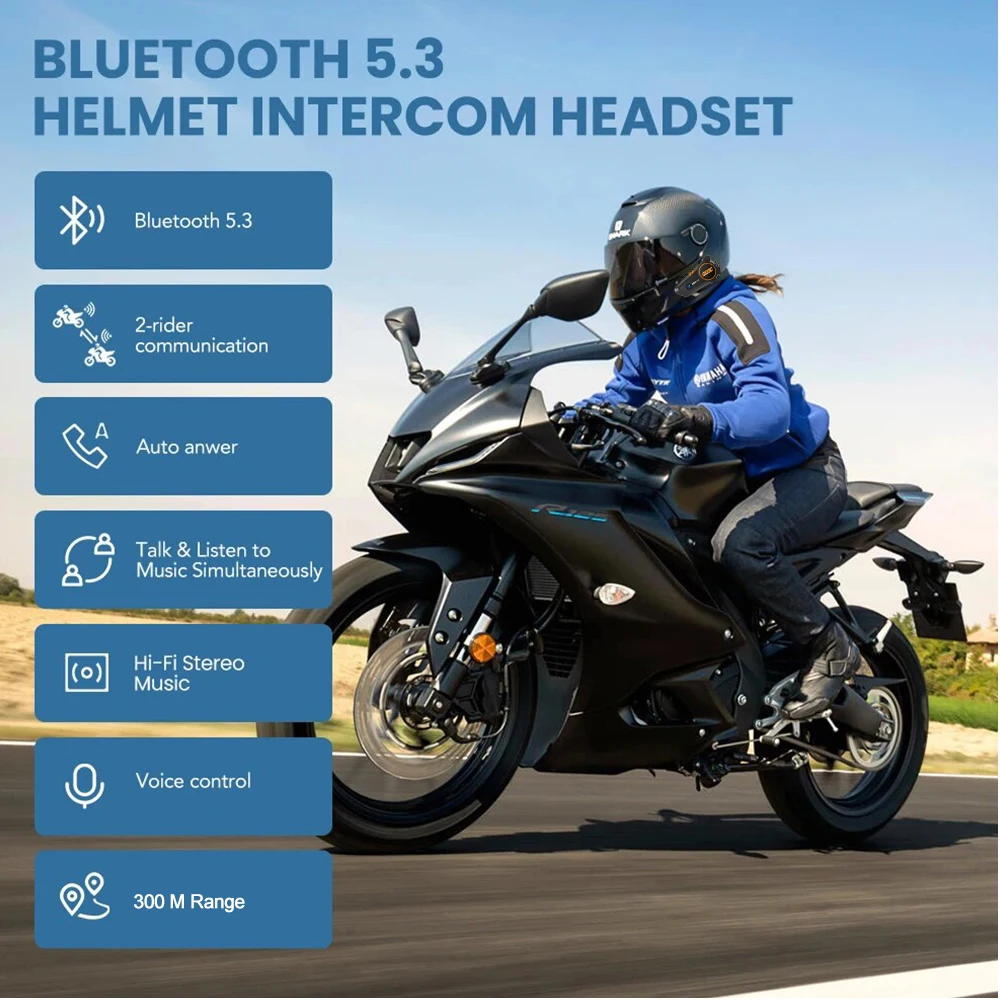 Motorcycle Helmet Intercom Headset Stereo Bluetooth Hands Free Call IPX67 Waterproof Tri-Color Ambient Light 1000H Long Standby