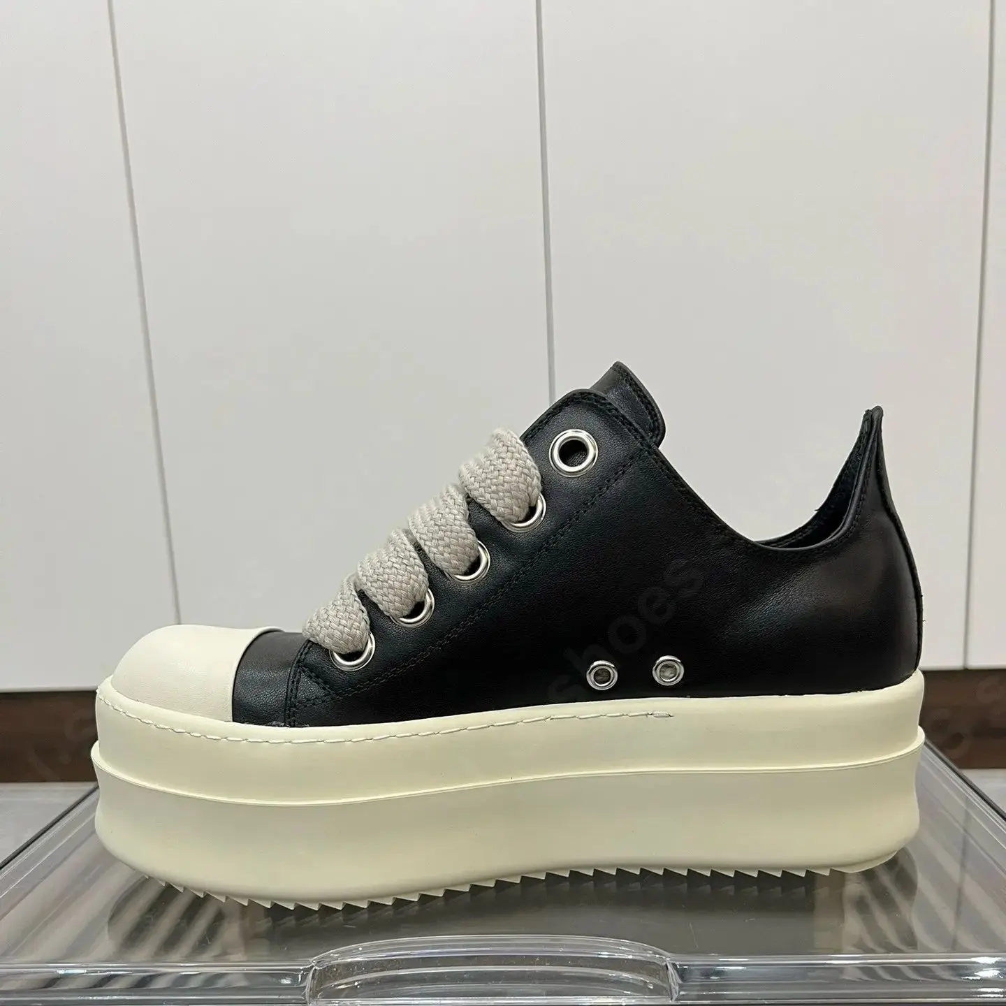 Ricks Luxury Men Shoe Women Sneaker Black Leather Owens Low Top Casual Shoes Jumbo Laces 6cm Thick Sole Outside Flat Sneakers