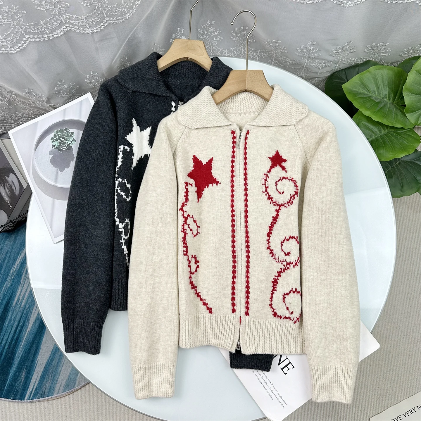 

Потрясающий вязаный кардиган на молнии с воротником для женщин: повседневный, свободный, с длинными рукавами, теплый, с узором в виде звезд