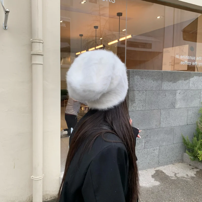 2023 neue Mode Kaninchen Fell Y2k Mützen für Frauen Weiche Warme Flauschigen Angola Winter Hut Weibliche Winddicht Motorhaube Hut Skullies Kappe – Detail 10