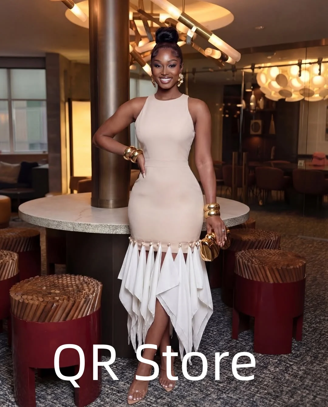 

QR Customized Luxurious Elegant Evening Gown Dresses Satin Scoop Neck Sheath Ankle Length Pleats Ruffle Simple Party Prom Formal