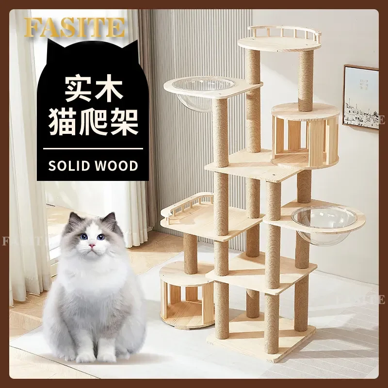 For Solid Wood Cat Climbing Frame Multi-layer Luxury Space Capsule Cat Nest Scratching Post Durable Pet Furniture Toy