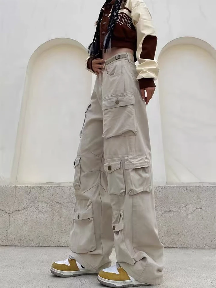 Multi-Pocket Cargo Pants Y2k Retro Fashion High Waist Jeans Couple Harajuku Simple High Street Casual Wide Leg Pants y2k pants