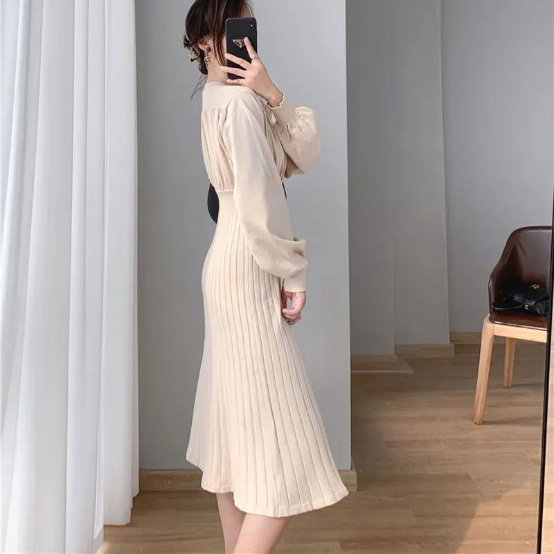 Basic Solid Color Dresses Female Clothing Casual Round Neck Autumn Winter Fashion Elegant Folds Waist Korean Knitted Midi Dress