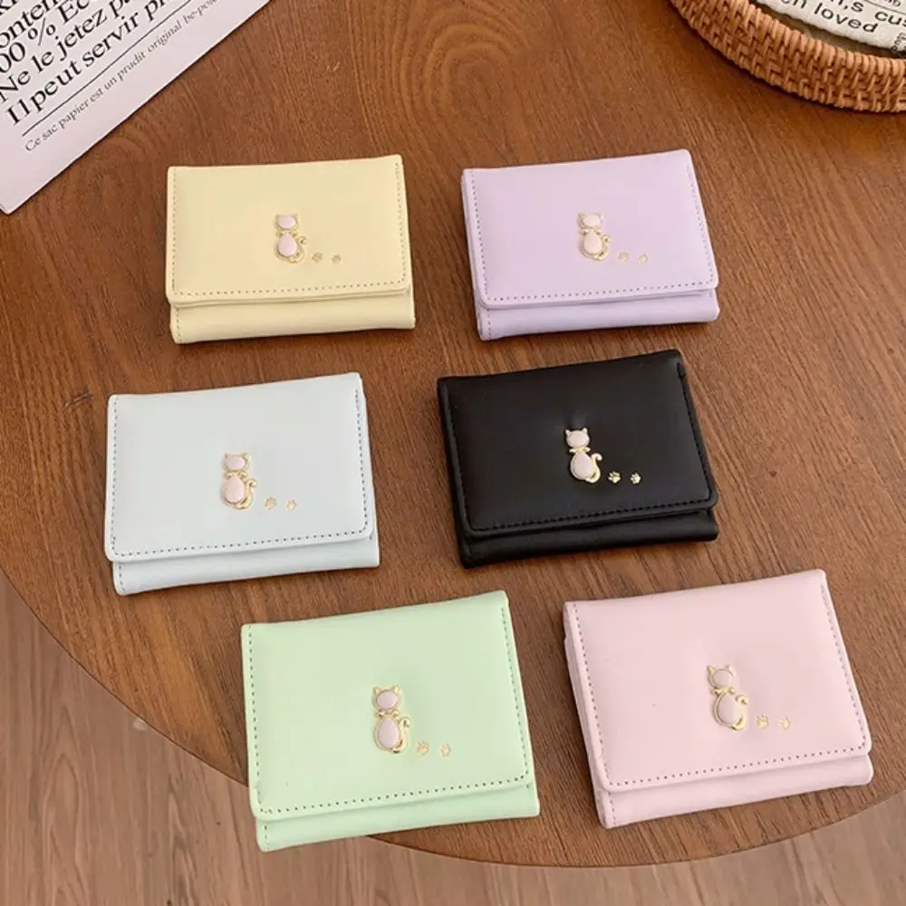 

Портативный милый тройной кошелек, сумка для денег с котом, складной кошелек для монет, несколько слотов для карт, яркий цвет, короткий кошелек из искусственной кожи, студенческий