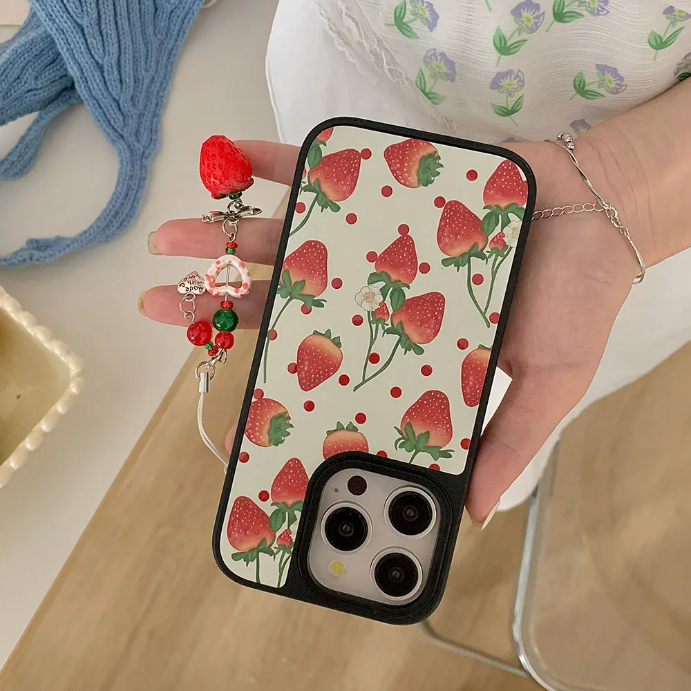 Japan Korea INS Cute Acrylic Wave Point strawberry Fruit Tart Chain Phone Cover Case For iPhone 12 13 14 15 PRO MAX With Pendant