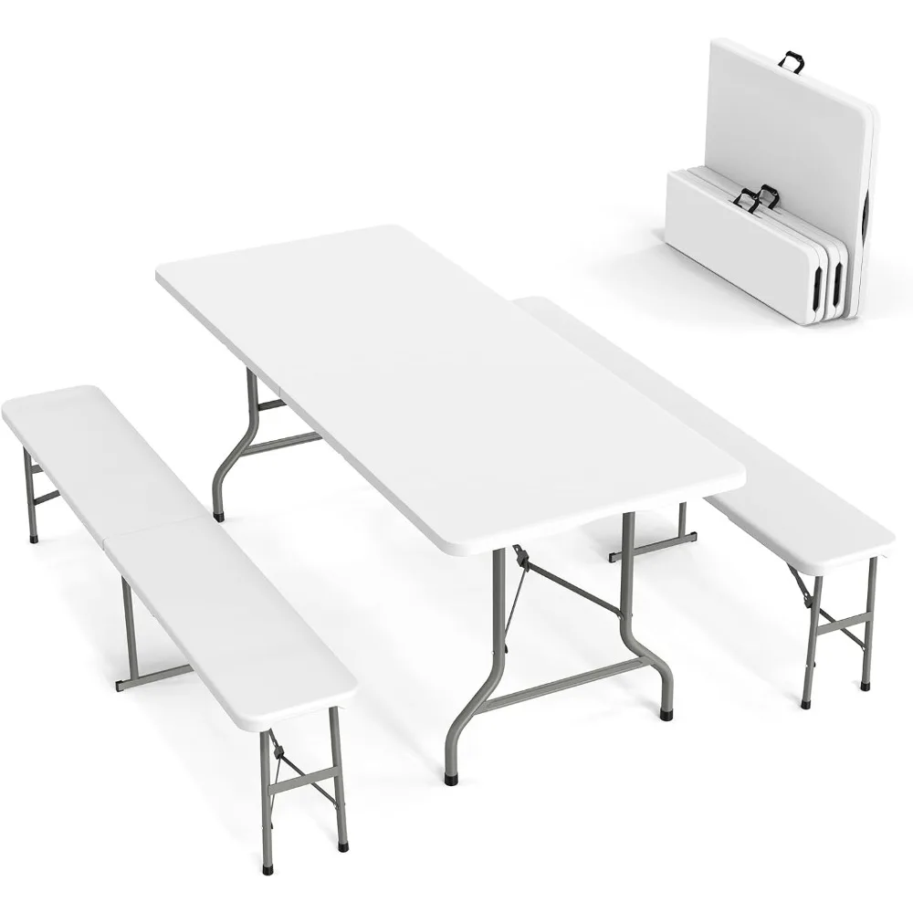 

Picnic Table Set with 2 Benches, 6 Feet Camping Table Chair Set,3-Piece Folding Furniture for Indoor or Outdoor Use