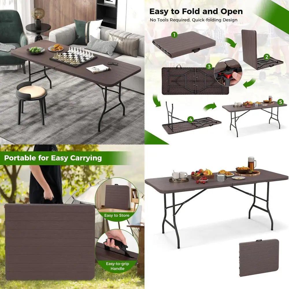 

Portable Folding Table - Durable HDPE Material, Suitable for Indoor and Outdoor Use, Metal Legs, Brown