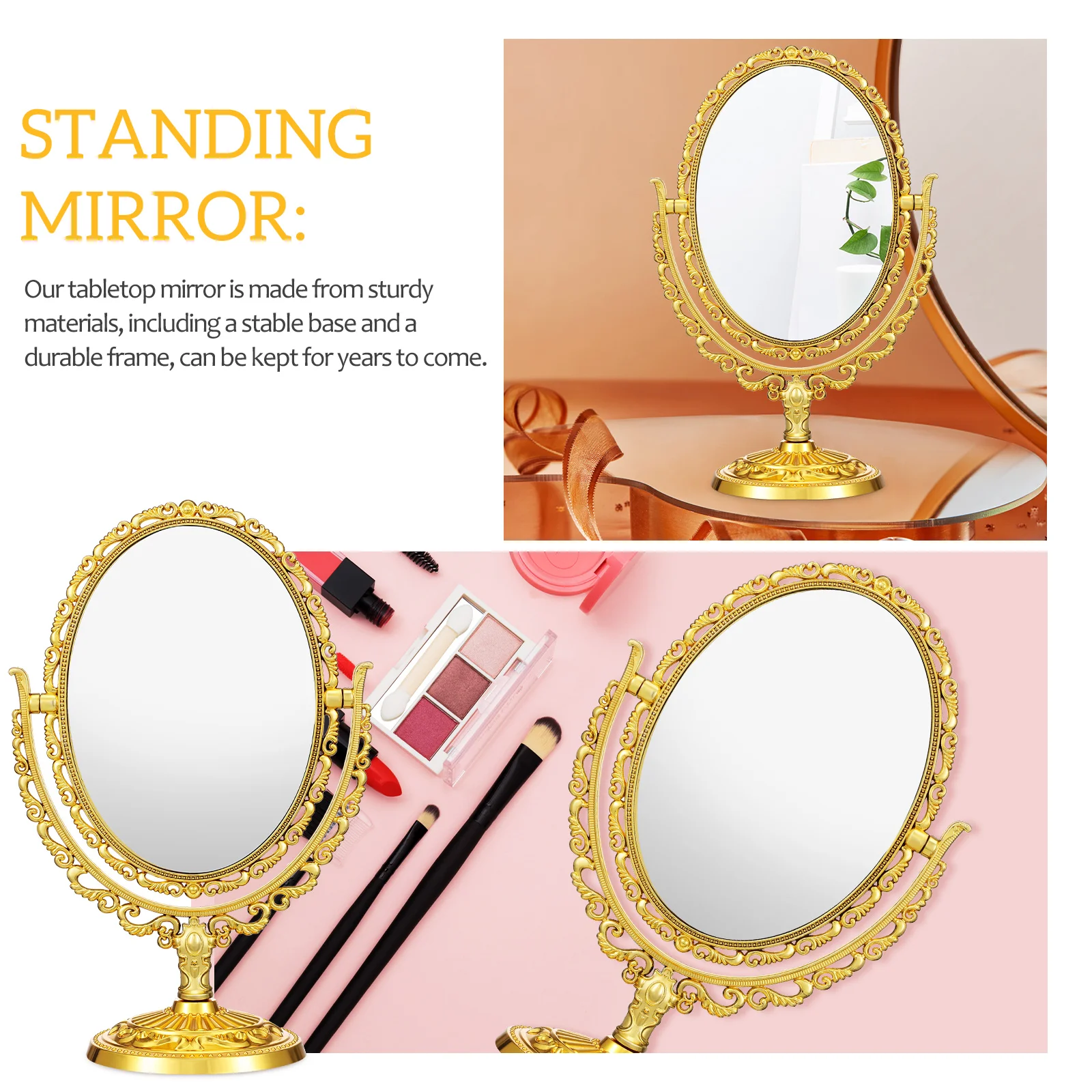 Makeup Mirror 0812 Golden Oval Dresser Desk Table Top Rotating Swivel Vanity Vintage