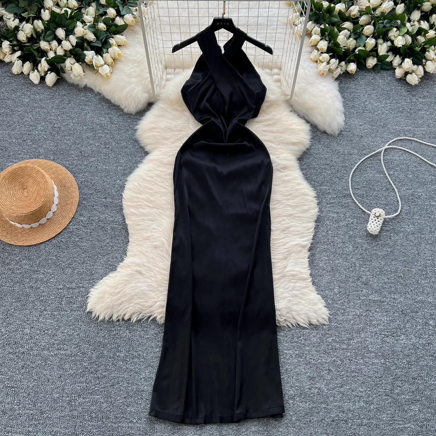 Sexy Halter Backless Pleated Dress Chic Vintage Fashion Evening Women Summer Slim Sweet Pencil Dresses