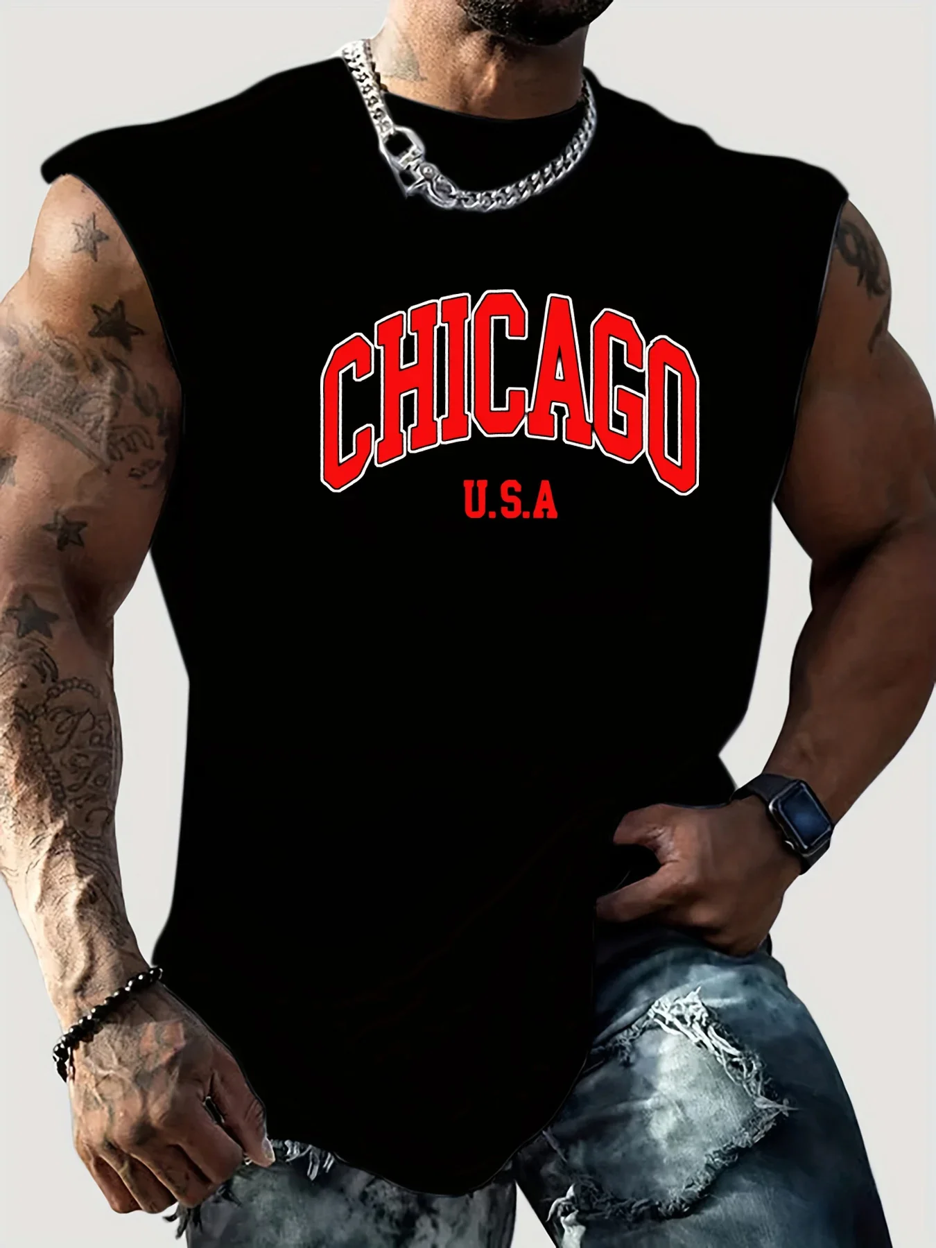 

Pop Men's Summer Leisure Sports Fitness Loose Chicago USA Printed Comfortable Breathable Round Neck Sleeveless Tank Top