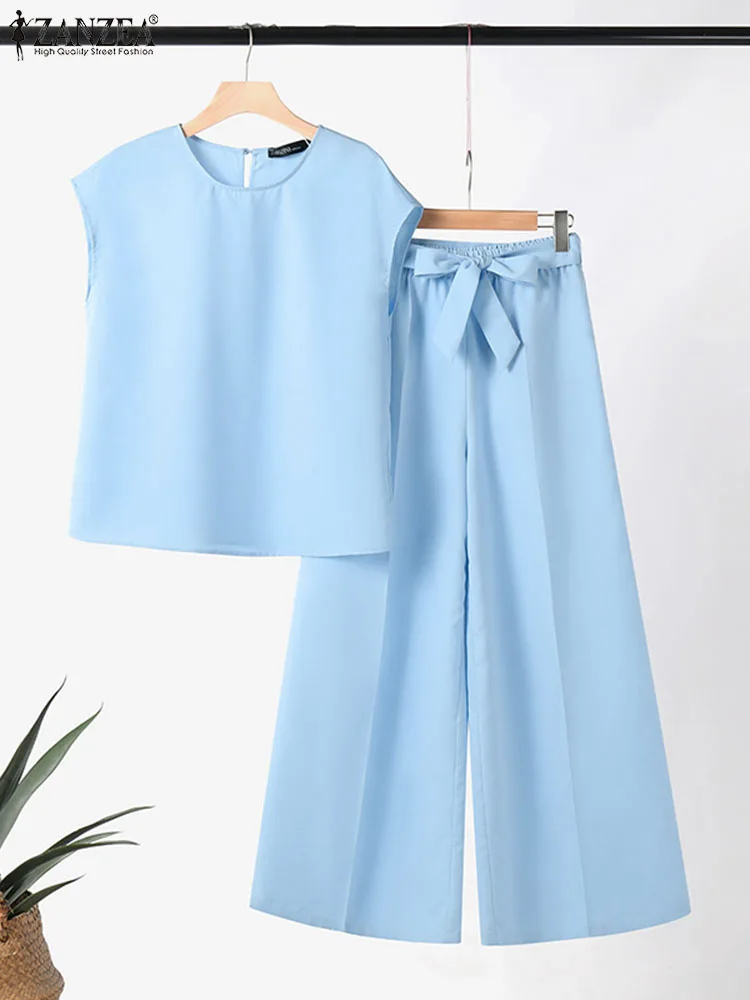 ZANZEA Elegant Summer Women OL Work Pant Sets 2PC Solid Short Sleeve Tops Wide Leg Trouser Suit Urban Tracksuits Matching Sets