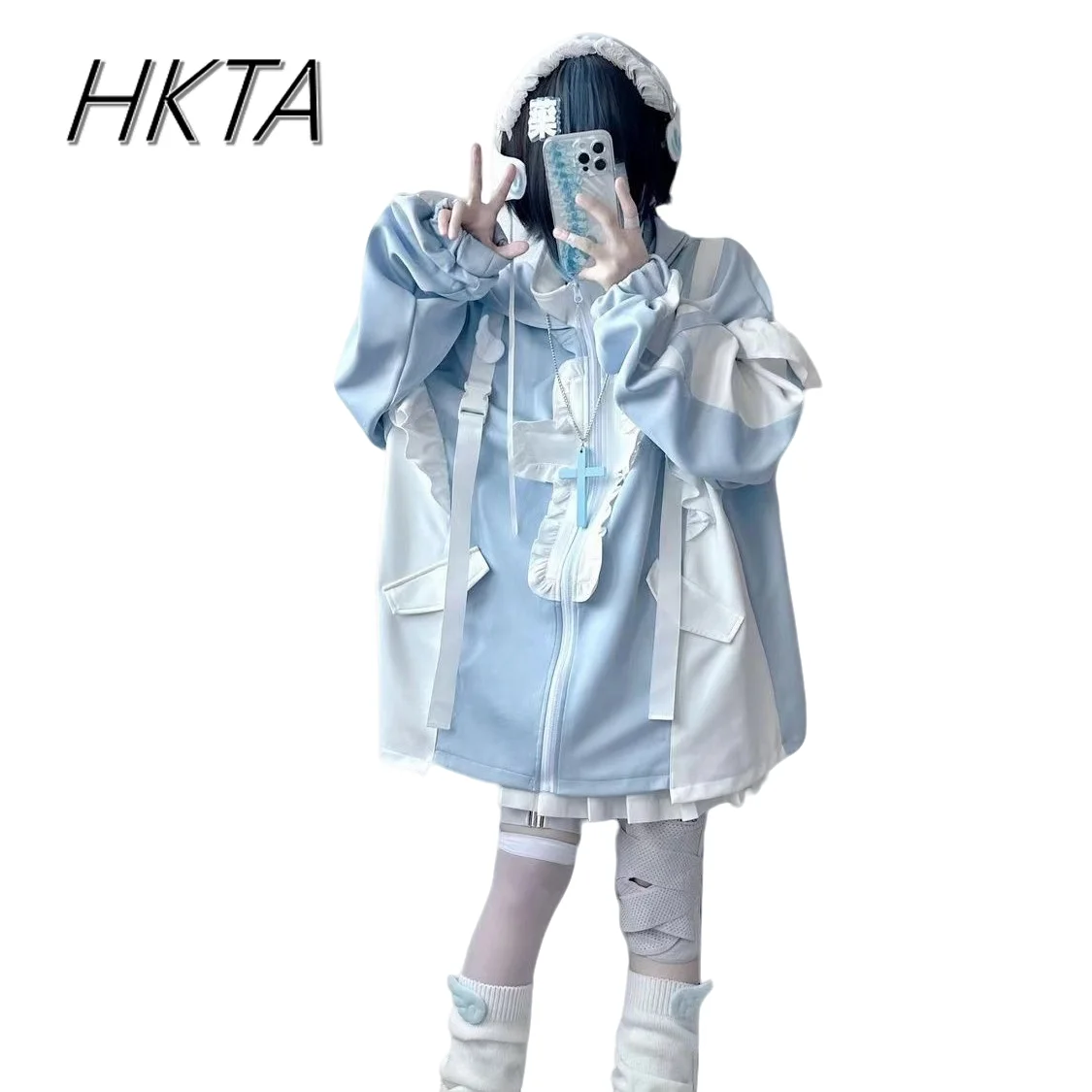 

Японский стиль, милый мультяшный капюшон, субкультура, крест, свободное пальто, женские спортивные летние универсальные полосатые шорты, комплект, чехол для ног