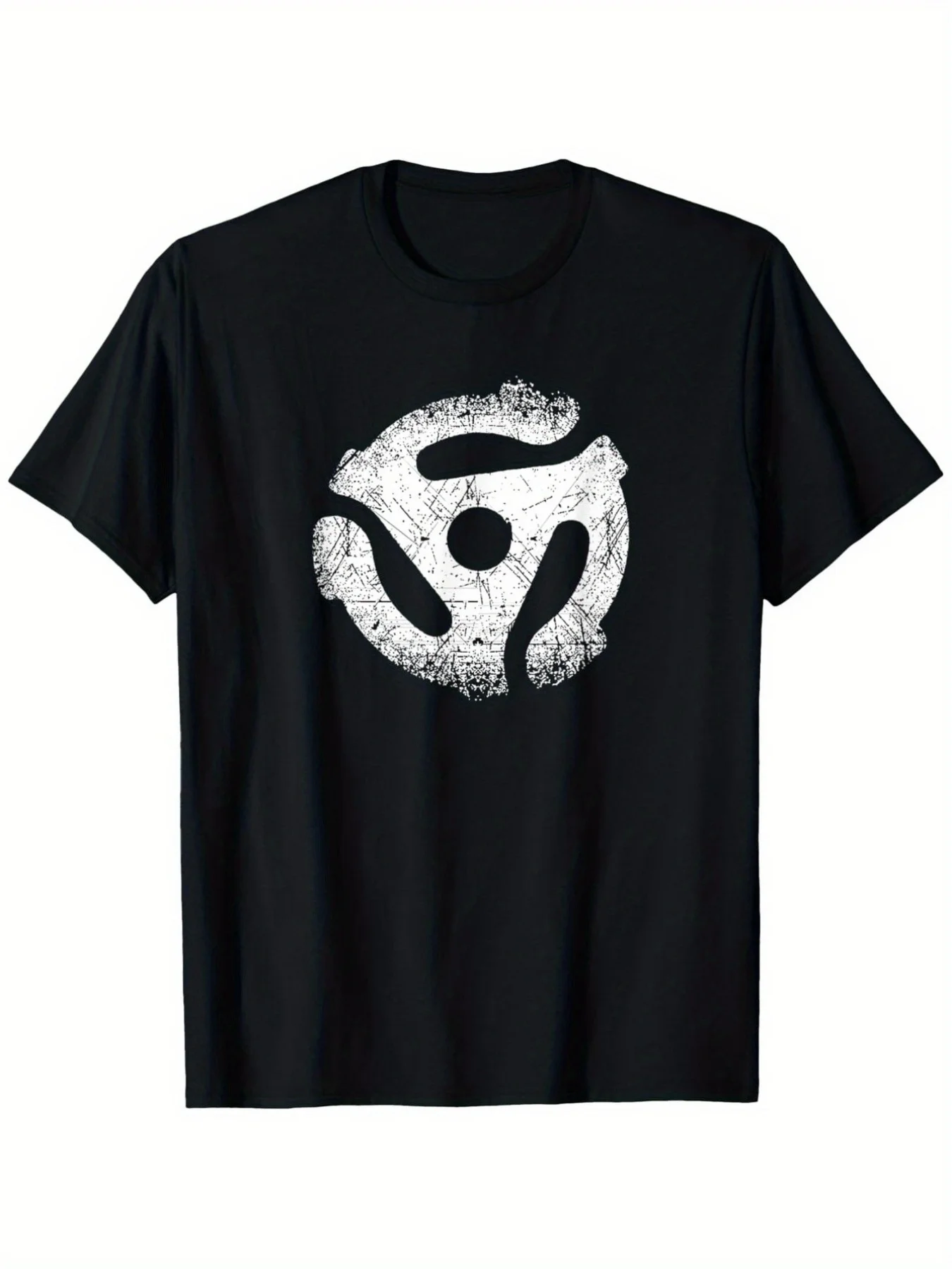 Vintage 45 Rpm Vinyl Record Pattern T-Shirt - Pure 180g Heavyweight Loose Fit Unisex Style, Black and White Color Scheme with Turntable Theme Design, an Ideal Gift for Both Men and Women 2025 Summer Short-Sleeved Printed T-Shirt of the Same Style, Pure 220g Weight.