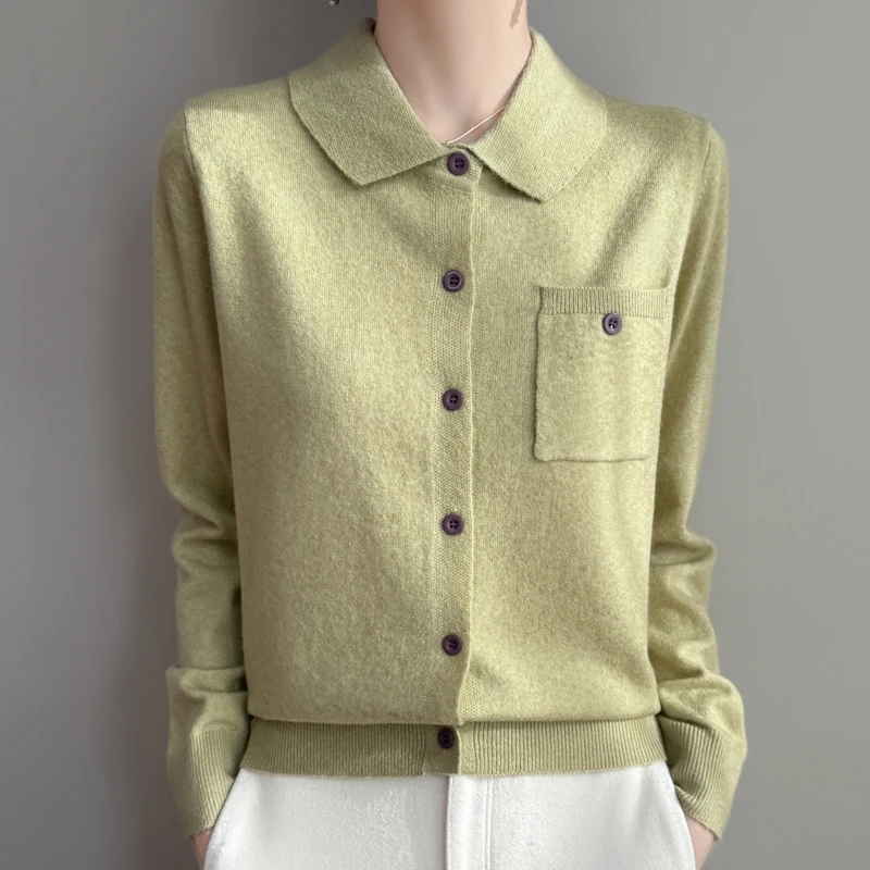 Spring 2025 New Polo Neck Cardigan Women\'s Pure Wool Sweater Jacket Fashion Solid Color Knitted Jacket Women\'s Clothes