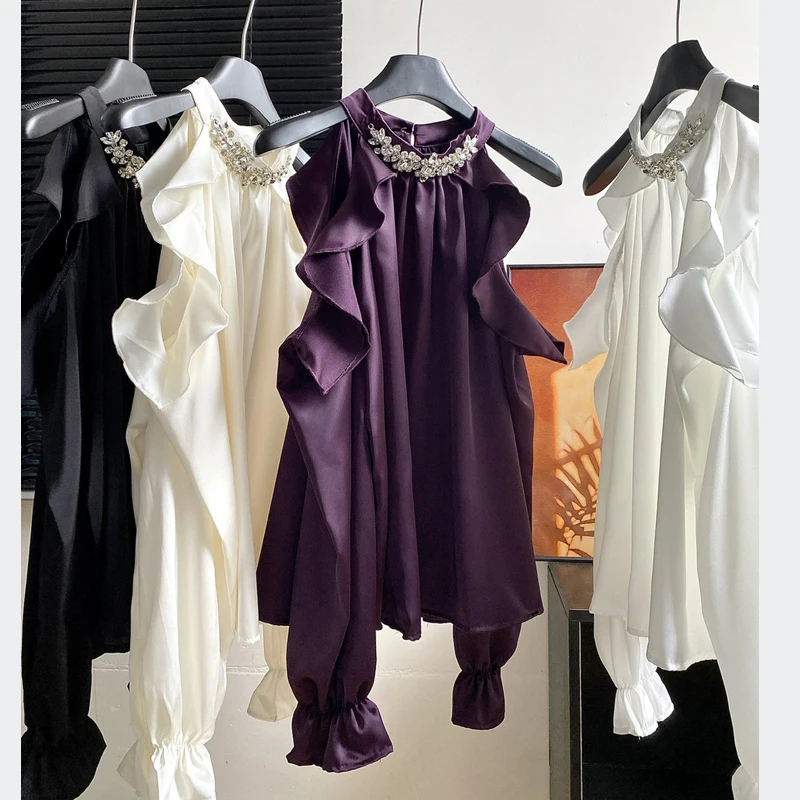 Camicette sexy in raso viola con spalle scoperte Camicette da donna con scollo all'americana in rilievo Manica lunga da donna Top da festa Camicia casual con volant alla moda coreana