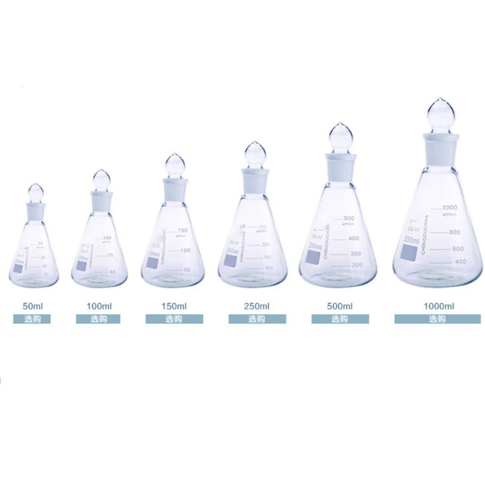 Matraz cónico de pared gruesa con tapón, matraz Erlenmeyer para laboratorio de química, 50-1000ml