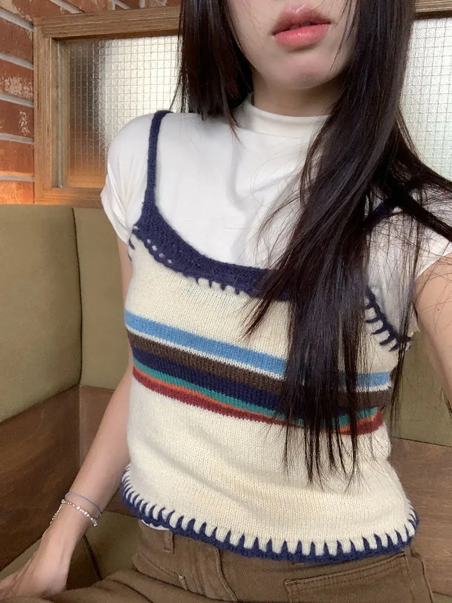 Vintage Striped Print Knitted Vest Women Overlap Slim Fit Bottom Camis Crop Top 2025 Autumn Outerwear Y2k Sweater Pulls
