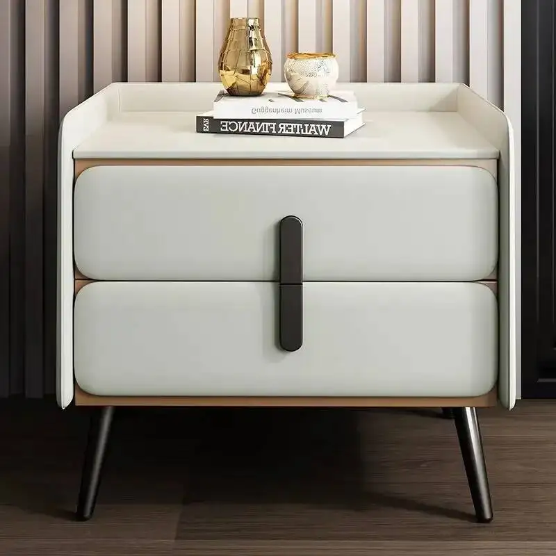 Cabinet Leather Nightstand with Double Drawers, Modern Minimalist Bedside Table with Metal Legs, Stylish Storage for Bedroom