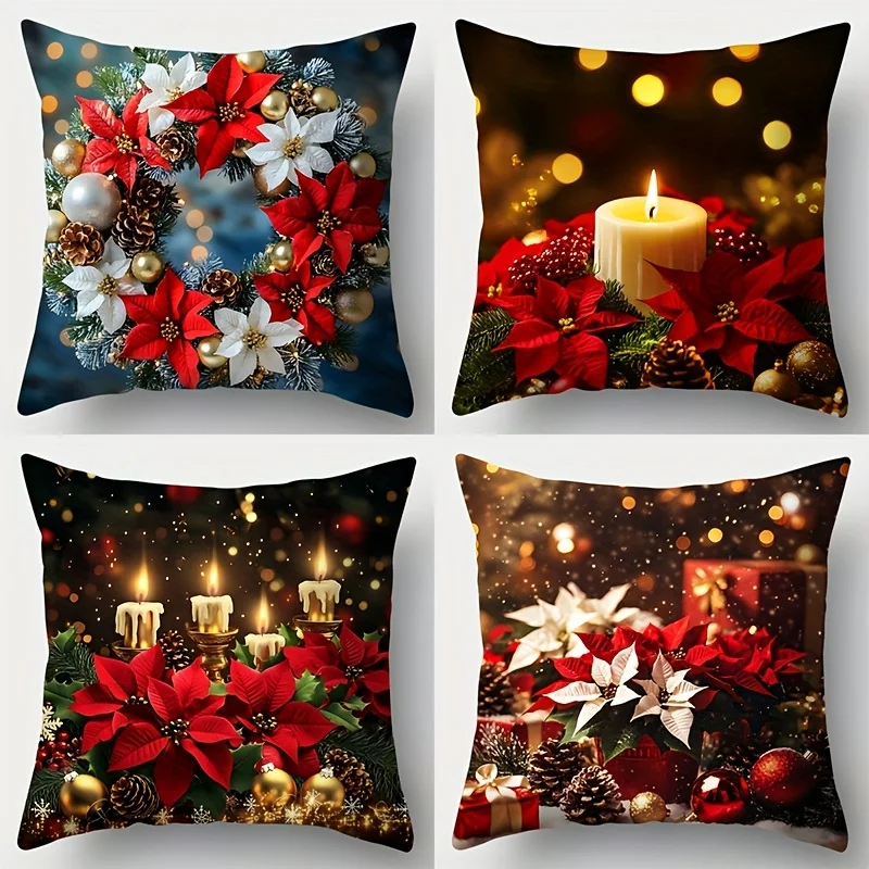 4pcs Set, Christmas Pillowcase, Christmas Candle, Red Flower Pillowcase 18x18in Single-sided Printing, Christmas
