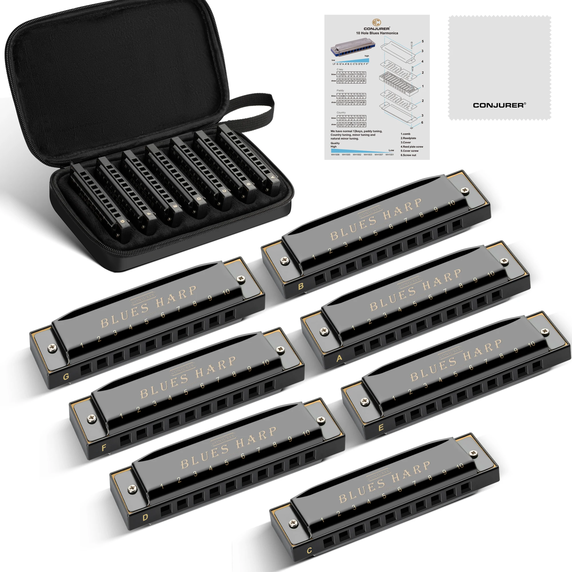 Conjurer 10 hole blues harmonica set  of 7 keys with case for beginner professional adults gift