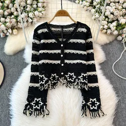 Embroidery Floral Crochet Knit Top with Tassel Long Sleeve Button-down Open-knit Cardigan Sweater Women Teen-girl Cute Outfit