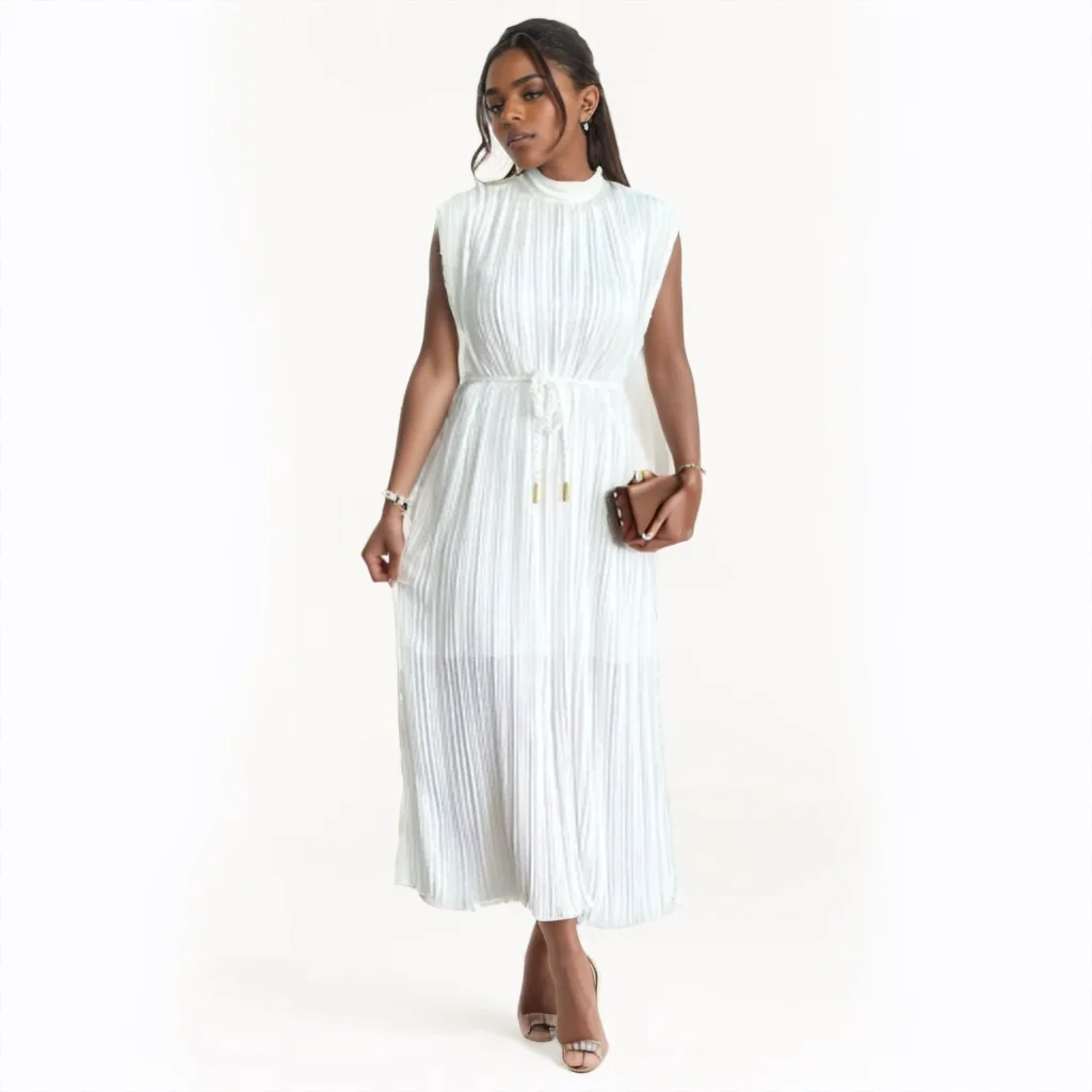 

Elegant Pleated Lace Up High Low Long Dress White