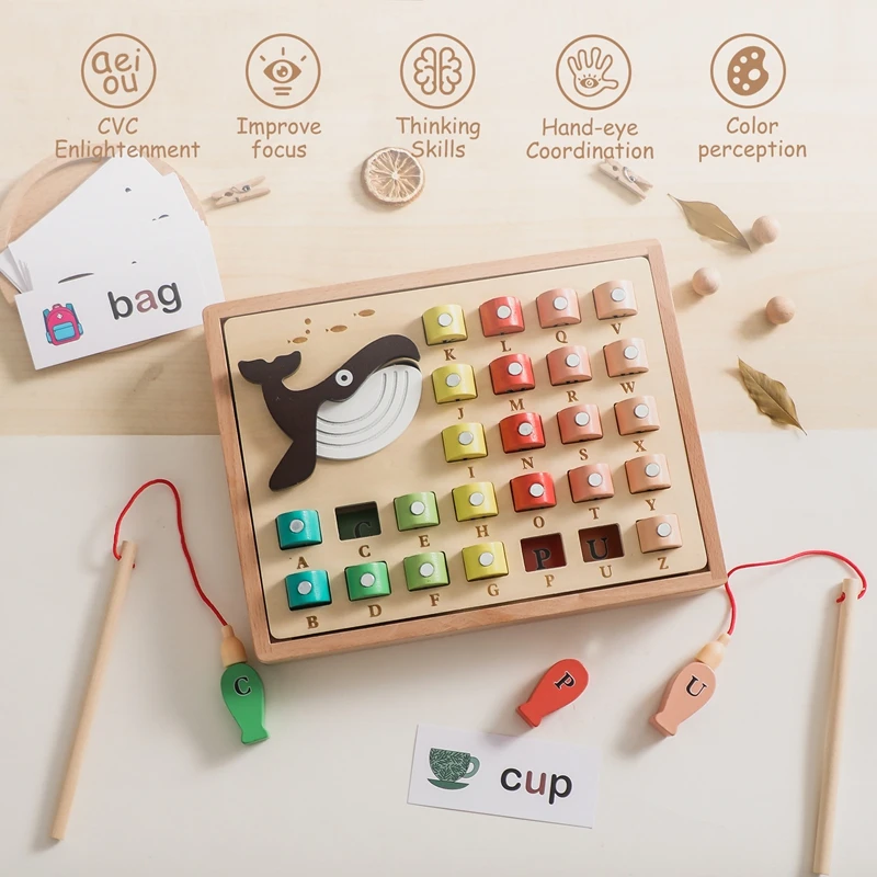 Montessori Magnetic Fishing Toys Kids Solid Wood Box Children Busy Board  Math Marine Life Cognition Fishing Baby Education Toys