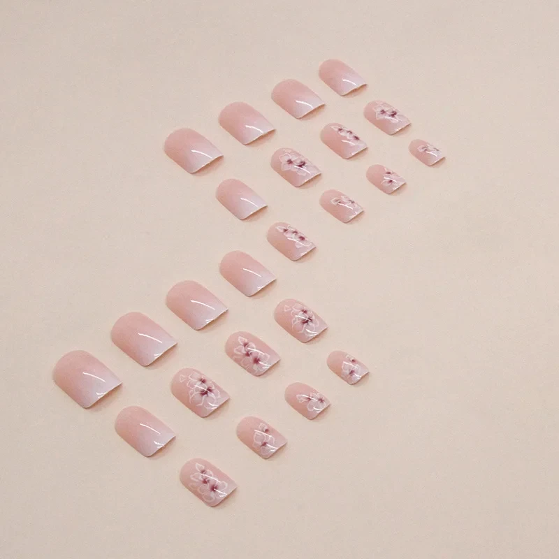 24 piezas de uñas cortas con diseño francés simple y degradado de flores, incluye pegamento de gel y lima 4