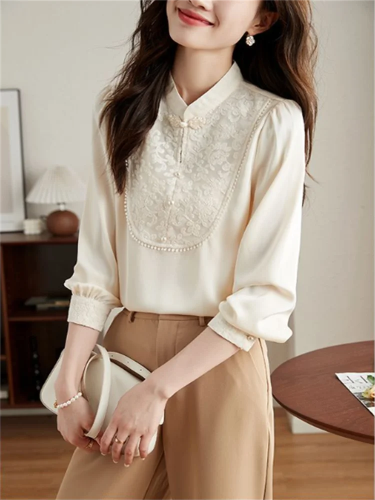 Chinese Style Blouse Women's Shirt Stand Collar Pullover Shirt Female Long Sleeve Woman Clothes Shirts Female Vintage shirt