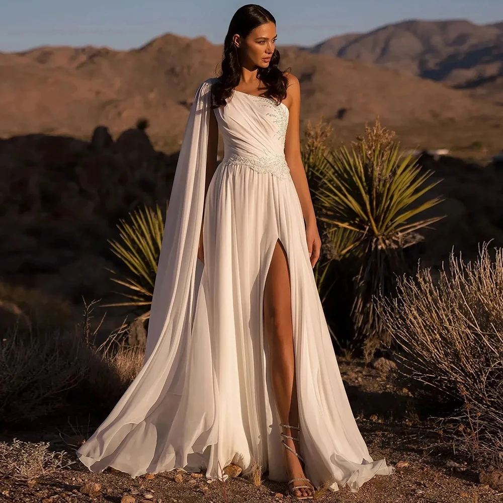

Chic One Shoulder Chiffon Wedding Dress with Side Slit Customized Pleats Pearls Appliques Detachable Watteau Train Bridal Gowns