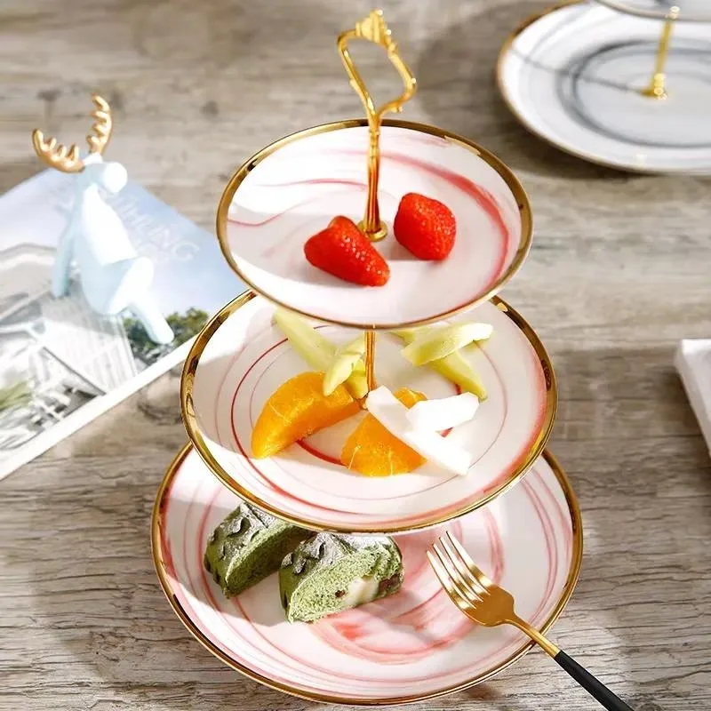 European Style Marble Porcelain Three Tier Fruit Plate Cake Stand Creative Wedding Birthday Candy Dessert Display Rack Custom