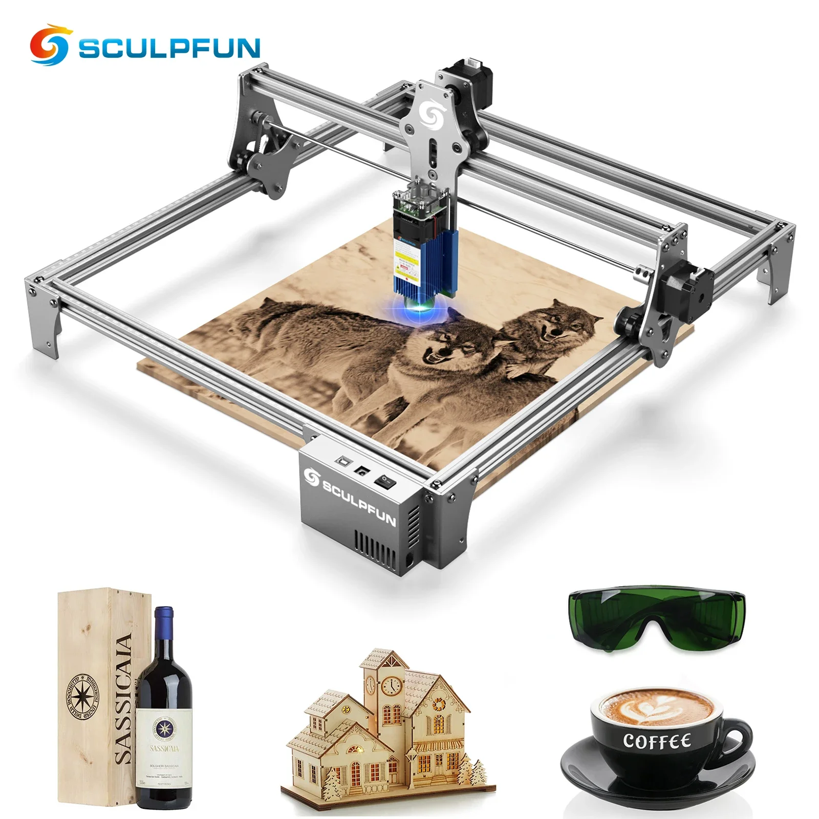 SCULPFUN S6 30W Lazer Kazıma Makinesi Ahşap Akrilik Lazer Gravür Kesme Yüksek Hassasiyetli 410x420mm Oyma Erea Tam metal