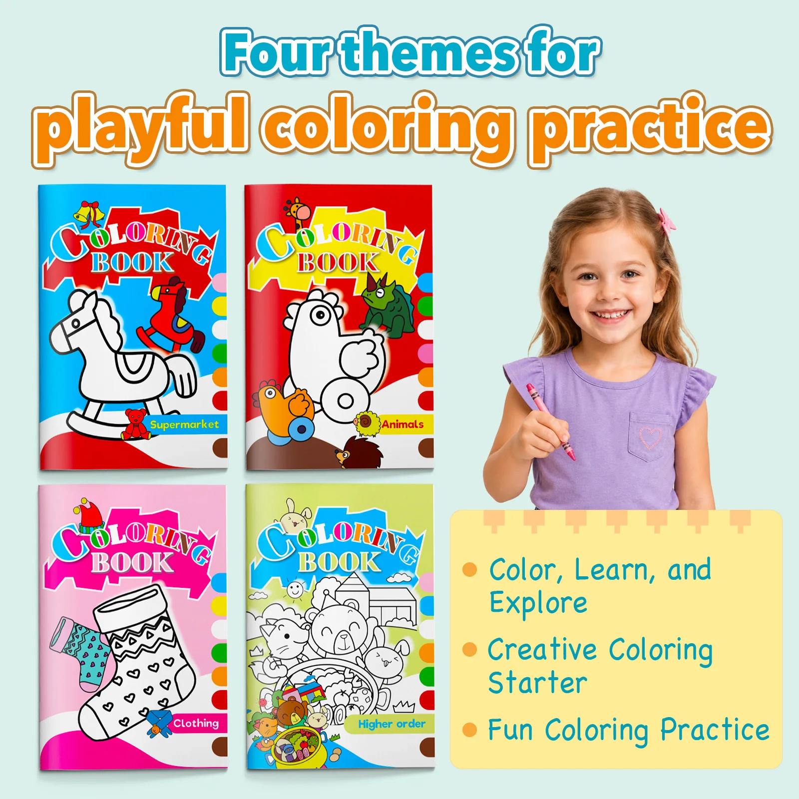 4-Book Kids Coloring Book Set, Early Coloring Collection for Toddlers & Preschoolers, Supermarket, Animals, Clothing
