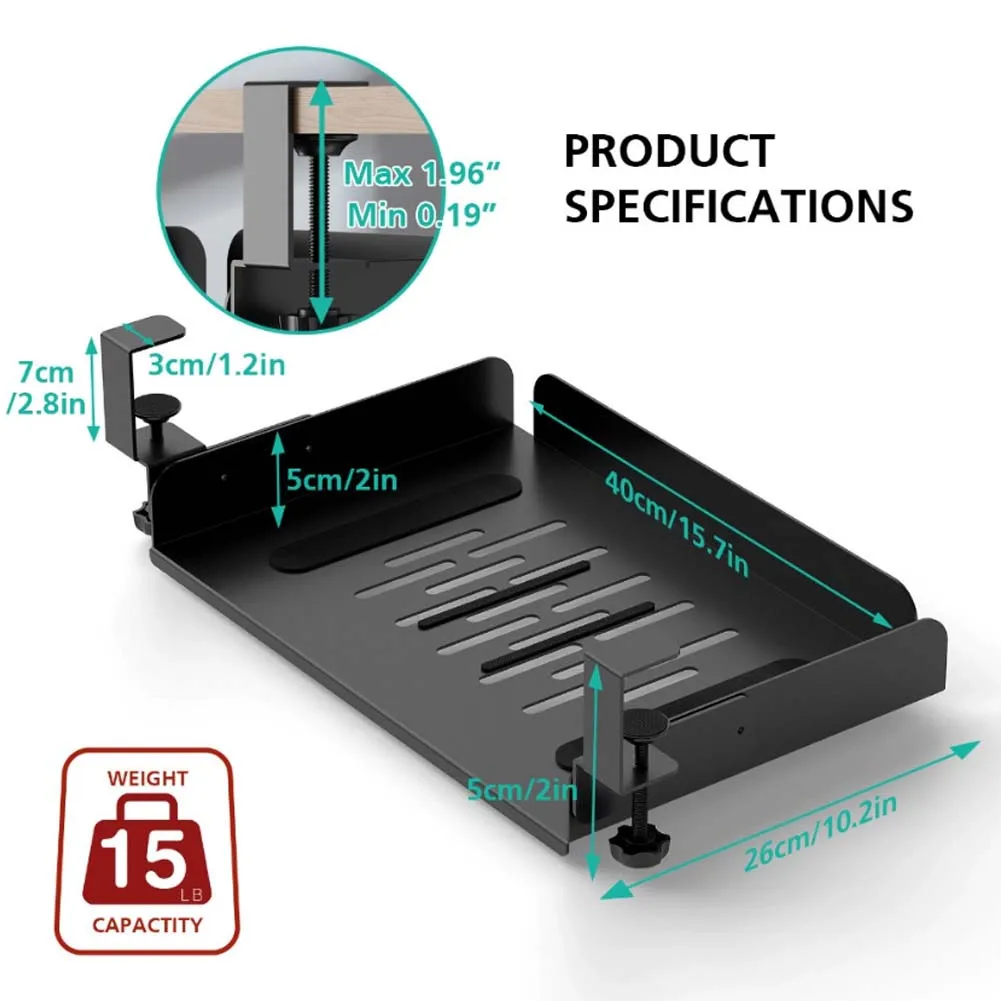 

Underdesk storage stand for laptops with slip textured top and robust steel frame to keep workspace organized and cables managed