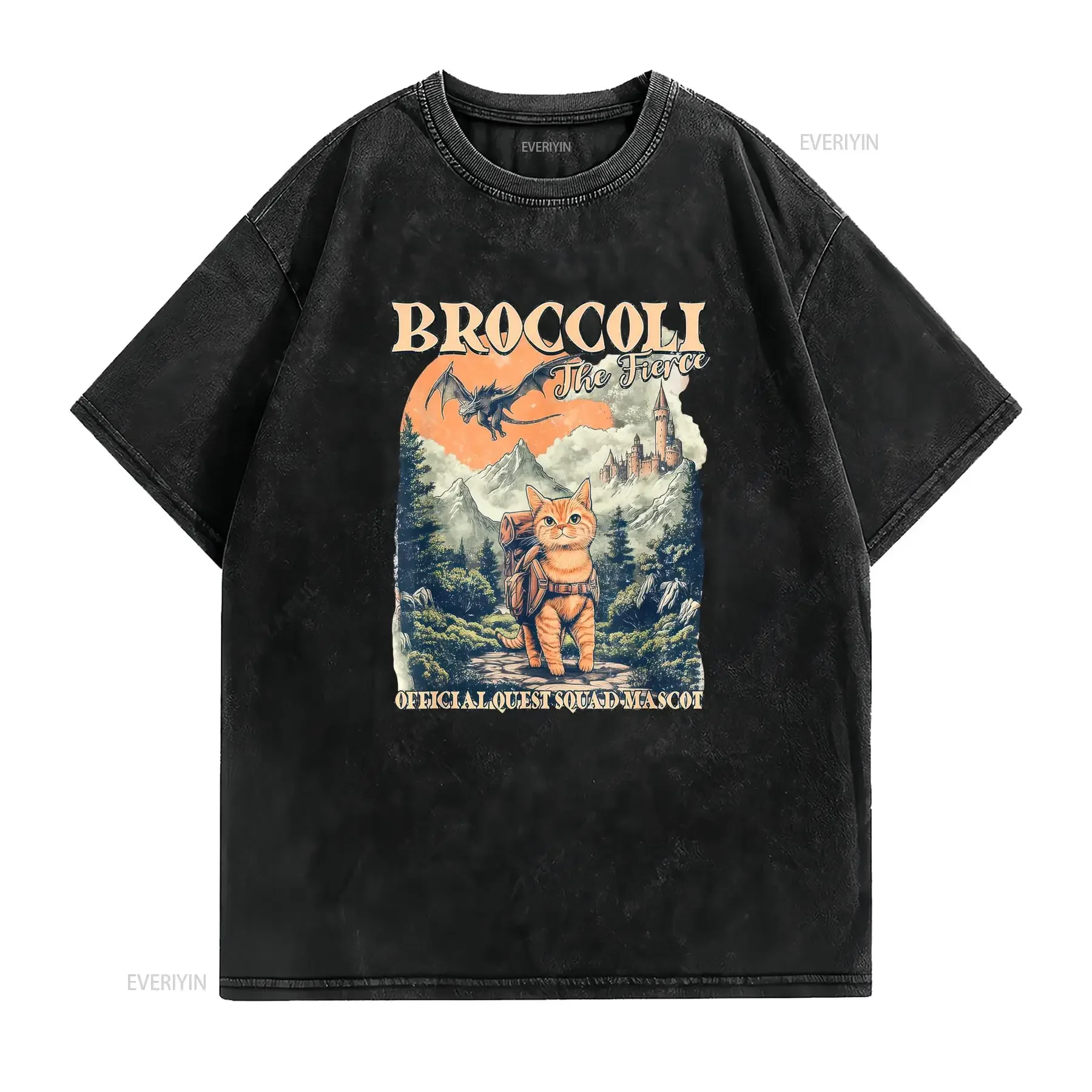 Vintage Fantasy Adventure Orange Cat Broccoli The Fierce Dragon Castle Quest Squad Mascot Print Casual T Shirt vintage Washed