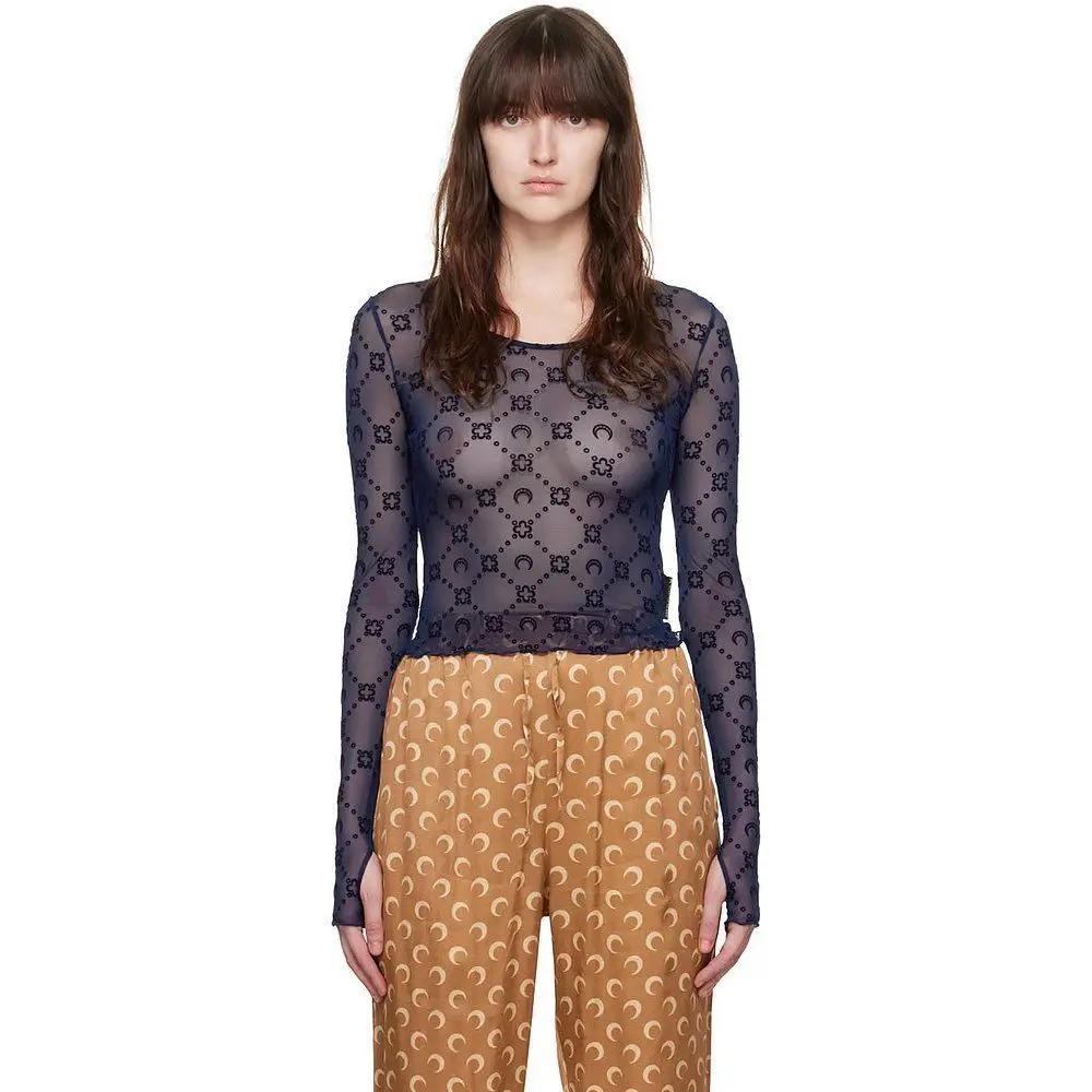 20254 موضة جديدة عادية المرأة الأزرق الداكن منخفضة طاقم الرقبة طباعة شاش شفاف سليم كم طويل تي شيرت