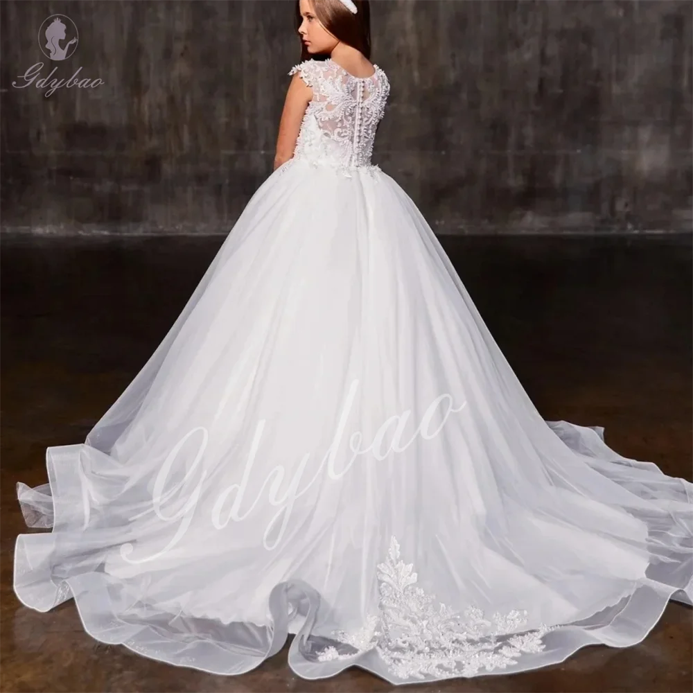 

Белое свадебное платье с кружевными аппликациями, платья с цветочным узором для девочек, вечерние платья для первого причастия, пышные платья по индивидуальному заказу