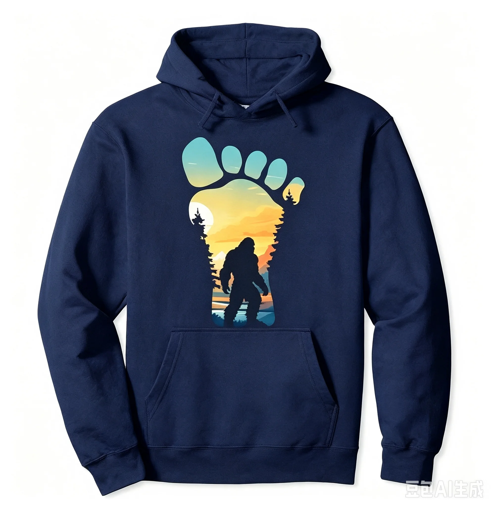 Bigfoot Footprint Sunset Mountain Forest Graphic Hoodie, Vintage Nature Sasquatch Silhouette Unisex No Drawstring Pullover Hoodi