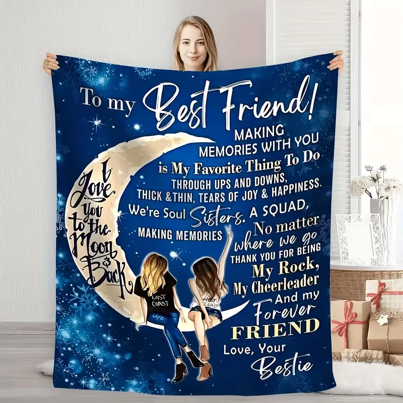 1pc Cozy Blanket for Best Friend - Warm, Soft, All-Season Comfort with Message & Moon Bed, Office, Camping, Travel - Perfect