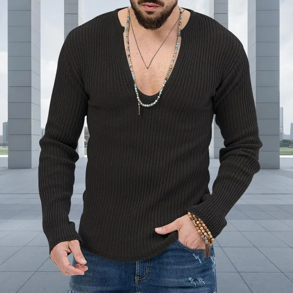 V-neck Sweater Stylish Men's V Neck Sweater Slim Fit Soft Knitted Pullover with Striped Texture Fall/winter Bottoming Top Slim