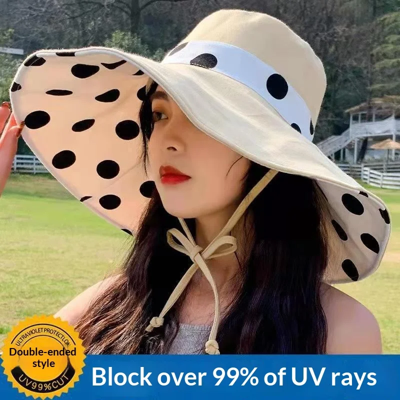 1 Stück Polka Dot Ribbonbucket Hut für Damen, Sommer-Sonnenhut mit großer breiter Krempe, atmungsaktive Sonnenschutzkappe für Strand, Sonne, Reisen