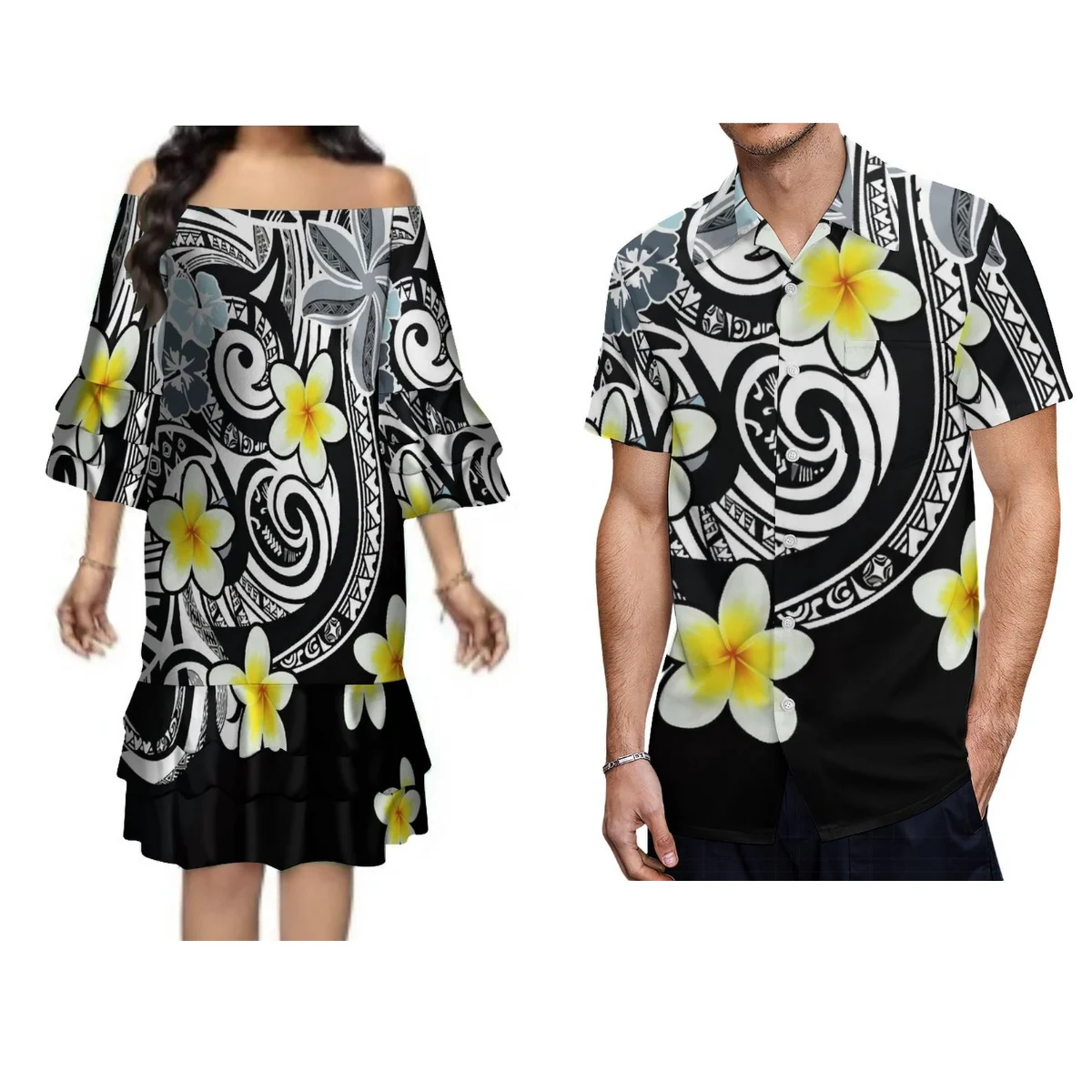 

One-Line Shoulder Temperament Dress Summer Couples Dress Floral Print Multi-Layer Cuff Women'S Dress Men'S Shirt Polynesia