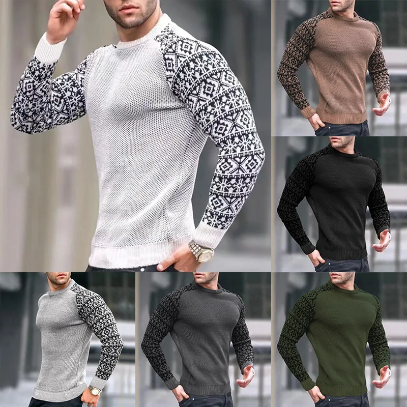 

Spring and Autumn New Men's Long-Sleeved Sweater Walf Checks Fabric Pullover Base Pattern round Neck Top Fashion Men's Clothing